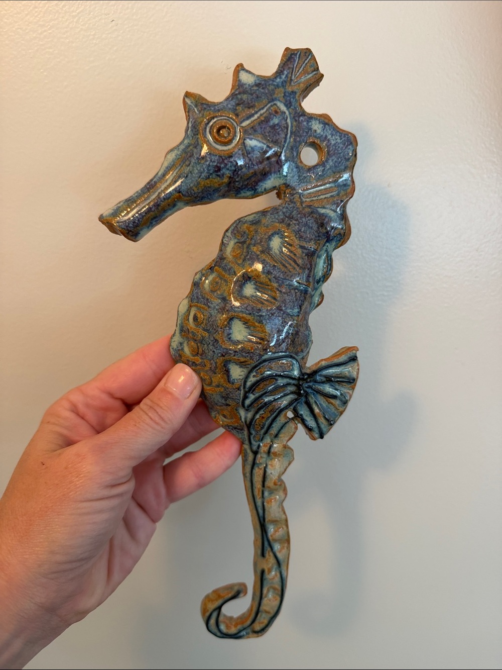Handmade Pottery Seahorse Wall Hanging in Blue-Green Glaze.